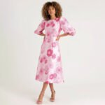 Pink Puff Sleeve Jacquard Dress