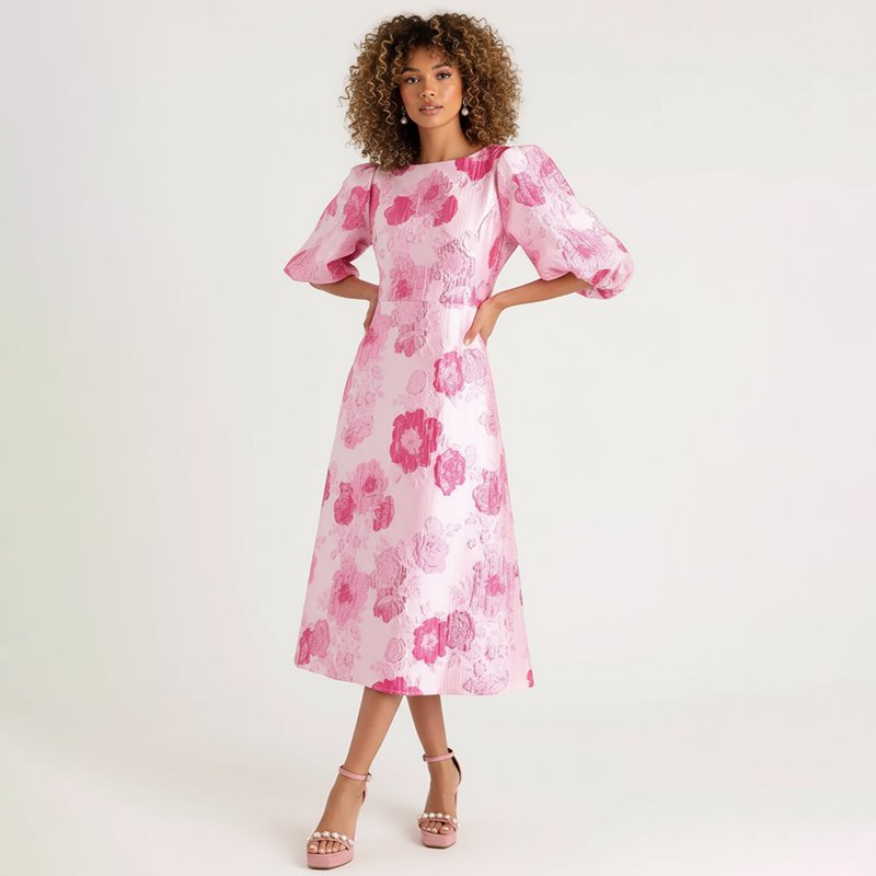 PicjamDownload-2025-09-22T194246.353 Pink Puff Sleeve Jacquard Dress - Image 1