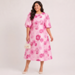 Pink Puff Plus Size Sleeve Jacquard Dress - Image 4