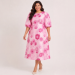 Pink Puff Plus Size Sleeve Jacquard Dress - Image 3