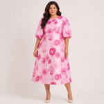 Pink Puff Plus Size Sleeve Jacquard Dress - Image 2