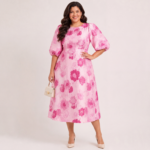 Pink Puff Plus Size Sleeve Jacquard Dress
