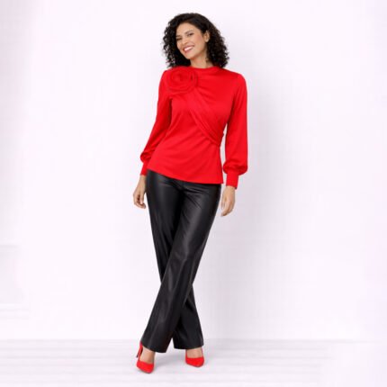 Elegant Rose-Detail Long Sleeve Shirt Red