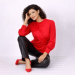 Elegant Rose-Detail Long Sleeve Shirt Red - Image 2