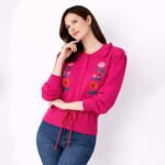 Floral Embroidered Drawstring Knit Cardigan - Image 7