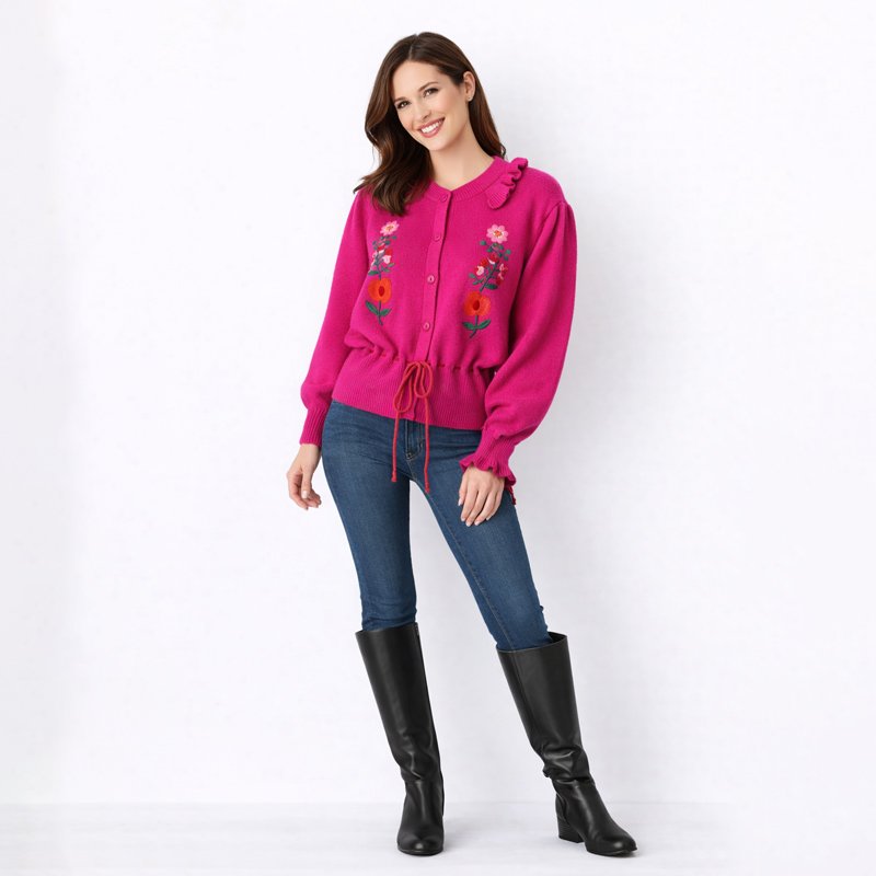 pink-cardigan Floral Embroidered Drawstring Knit Cardigan - Image 1
