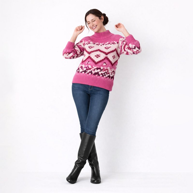 pink-sweater Cozy Multicolor Pattern Knit Sweater - Image 1