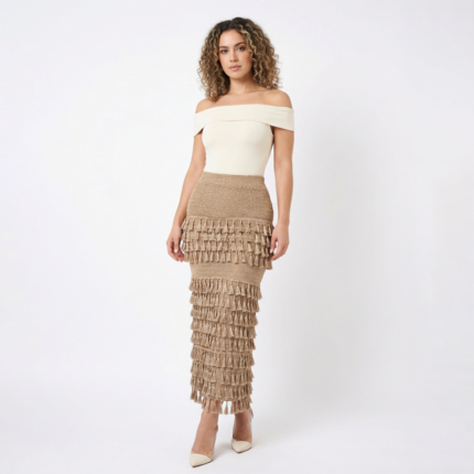 Beige Fringe Midi Skirt