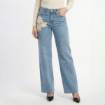 Blue Wide Leg Floral Denim Jeans - Image 4