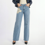 Blue Wide Leg Floral Denim Jeans - Image 5