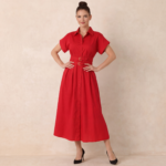 Red Belted Shirt Midi Dress