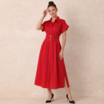 Red Belted Shirt Midi Dress - Image 2