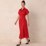 Red Belted Shirt Midi Dress - Image 3