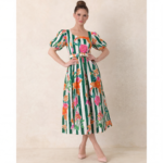 Green Stripe Floral Belted Midi Dress - Image 3