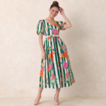 Green Stripe Floral Belted Midi Dress - Image 2