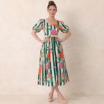 Green Stripe Floral Belted Midi Dress