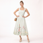 Ivory Floral Belted Tiered Midi Dress