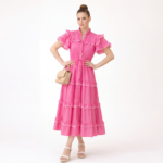 Pink Ruffle Trim Tiered Midi Dress