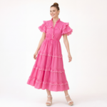 Pink Ruffle Trim Tiered Midi Dress - Image 3