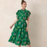 Green Floral Tiered Midi Dress - Image 3