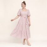 Pink Check Tiered Midi Dress - Image 2