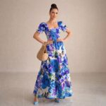 Blue Floral Puff Sleeve Maxi Dress