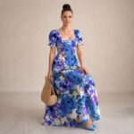 Blue Floral Puff Sleeve Maxi Dress - Image 4