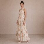 Floral Halter Neck Pleated Maxi Dress