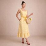 Yellow Gingham Belted Midi Dress