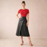 Faux Leather Wrap Midi Skirt