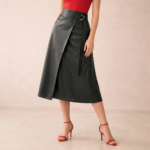 Faux Leather Wrap Midi Skirt - Image 2