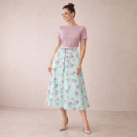 Mint Floral A-Line Midi Skirt