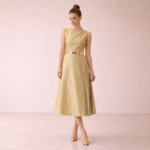 Gold Pleated Panel Midi Dress - Image 2