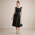 Black Embellished Trim Midi Dress