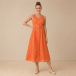 Orange Broderie Belted Midi Dress