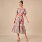 Pink Floral Tiered Midi Dress