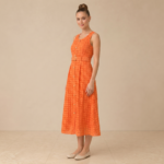 Orange Broderie Belted Midi Dress - Image 3