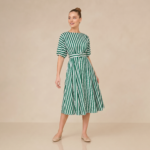 Green Striped Belted Midi Dress
