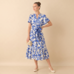 Blue Floral Tie Waist Midi Dress