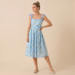 Blue Floral Tie Strap Midi Dress