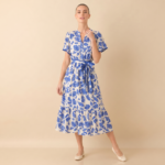 Blue Floral Tie Waist Midi Dress - Image 2