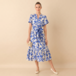 Blue Floral Tie Waist Midi Dress - Image 3