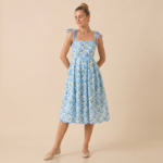 Blue Floral Tie Strap Midi Dress - Image 3