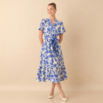 Blue Floral Tie Waist Midi Dress - Image 4