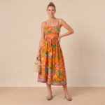 Orange Tropical Print Midi Dress