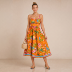 Orange Tropical Print Midi Dress - Image 2