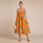 Orange Tropical Print Midi Dress - Image 3