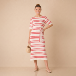 Coral Stripe Tie Waist Midi Dress