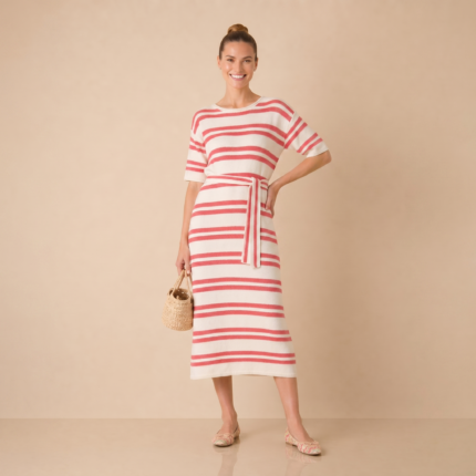 Coral Stripe Tie Waist Midi Dress