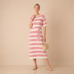 Coral Stripe Tie Waist Midi Dress - Image 2